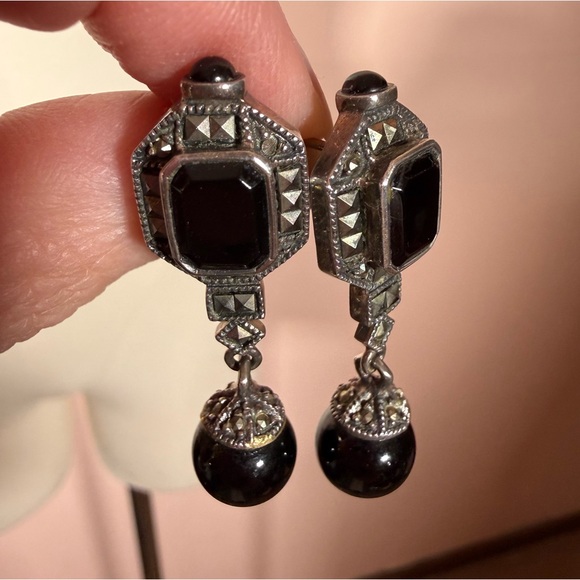 Judith Jack vintage Art Deco Sterling silver Onyx Dangle Earrings - Picture 14 of 16